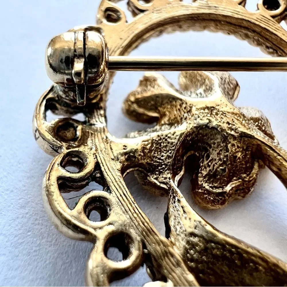 Vintage Gold Tone Heart Flower Faux Pearl Brooch